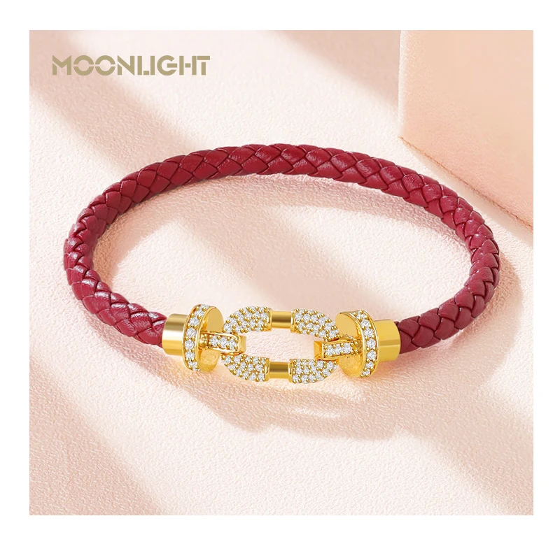 MOONLIGHT Women's Trendy Round Metal Brand Genuine Braided Leather Bracelet Cubic Zirconia Bracelet Female Jewelry Accessories