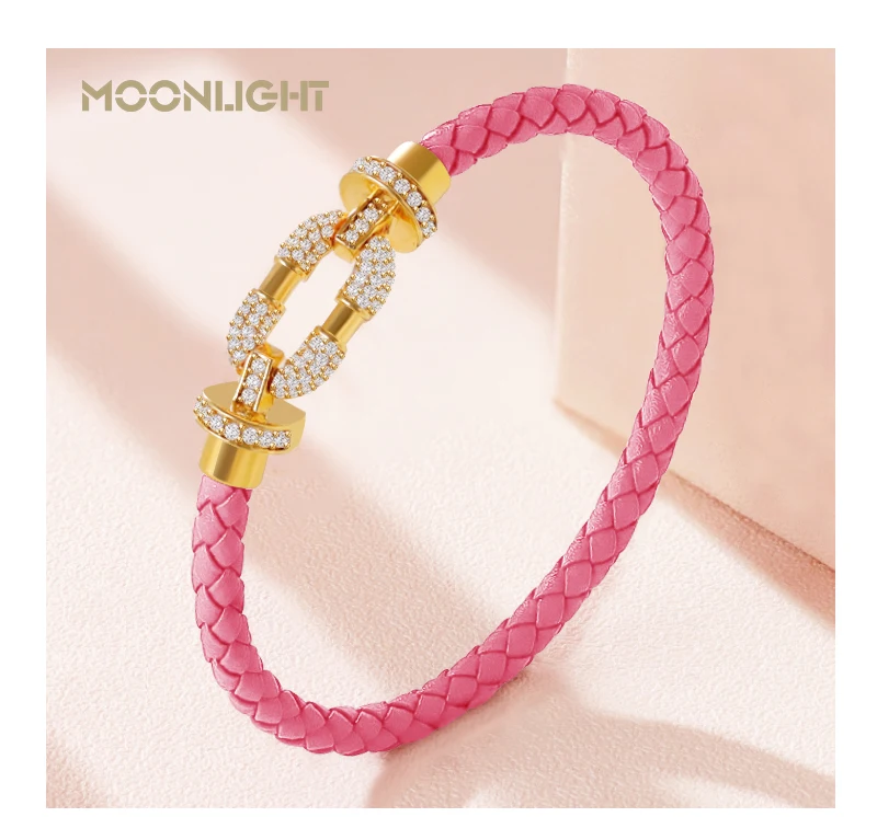 MOONLIGHT Women's Trendy Round Metal Brand Genuine Braided Leather Bracelet Cubic Zirconia Bracelet Female Jewelry Accessories