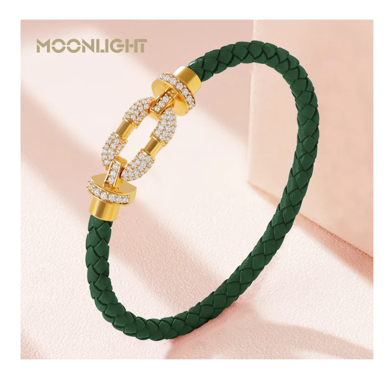 MOONLIGHT Women's Trendy Round Metal Brand Genuine Braided Leather Bracelet Cubic Zirconia Bracelet Female Jewelry Accessories
