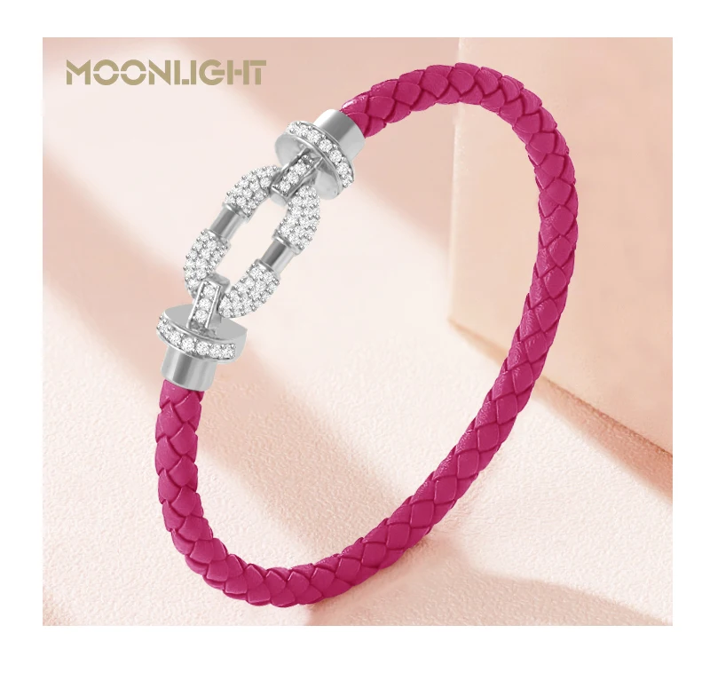 MOONLIGHT Women's Trendy Round Metal Brand Genuine Braided Leather Bracelet Cubic Zirconia Bracelet Female Jewelry Accessories