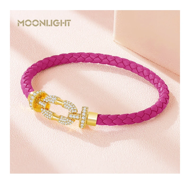 MOONLIGHT Women's Trendy Round Metal Brand Genuine Braided Leather Bracelet Cubic Zirconia Bracelet Female Jewelry Accessories