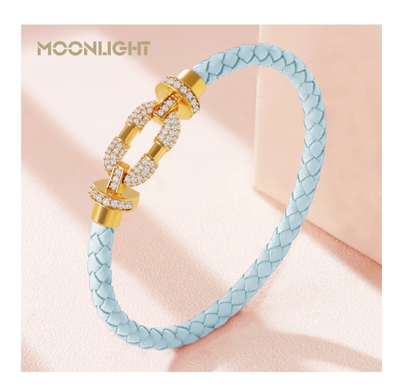 MOONLIGHT Women's Trendy Round Metal Brand Genuine Braided Leather Bracelet Cubic Zirconia Bracelet Female Jewelry Accessories
