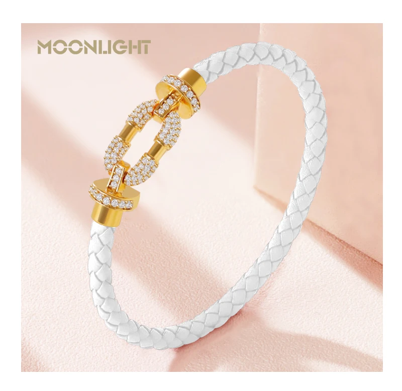 MOONLIGHT Women's Trendy Round Metal Brand Genuine Braided Leather Bracelet Cubic Zirconia Bracelet Female Jewelry Accessories