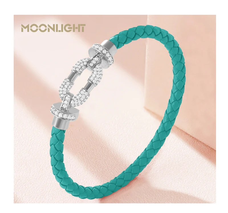 MOONLIGHT Women's Trendy Round Metal Brand Genuine Braided Leather Bracelet Cubic Zirconia Bracelet Female Jewelry Accessories