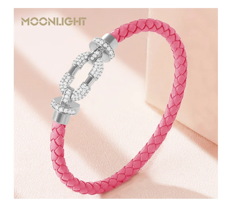 MOONLIGHT Women's Trendy Round Metal Brand Genuine Braided Leather Bracelet Cubic Zirconia Bracelet Female Jewelry Accessories
