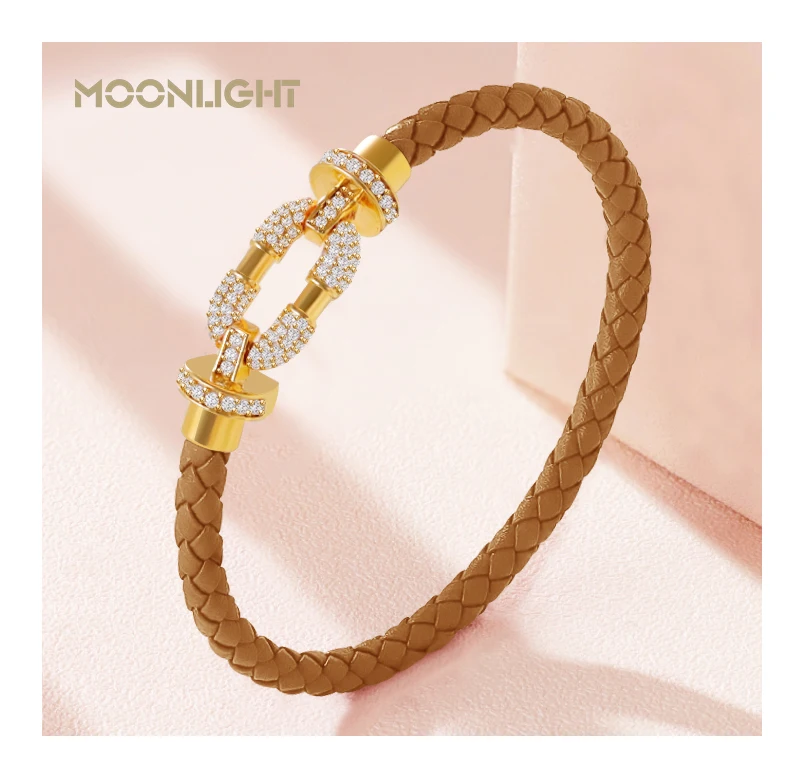 MOONLIGHT Women's Trendy Round Metal Brand Genuine Braided Leather Bracelet Cubic Zirconia Bracelet Female Jewelry Accessories