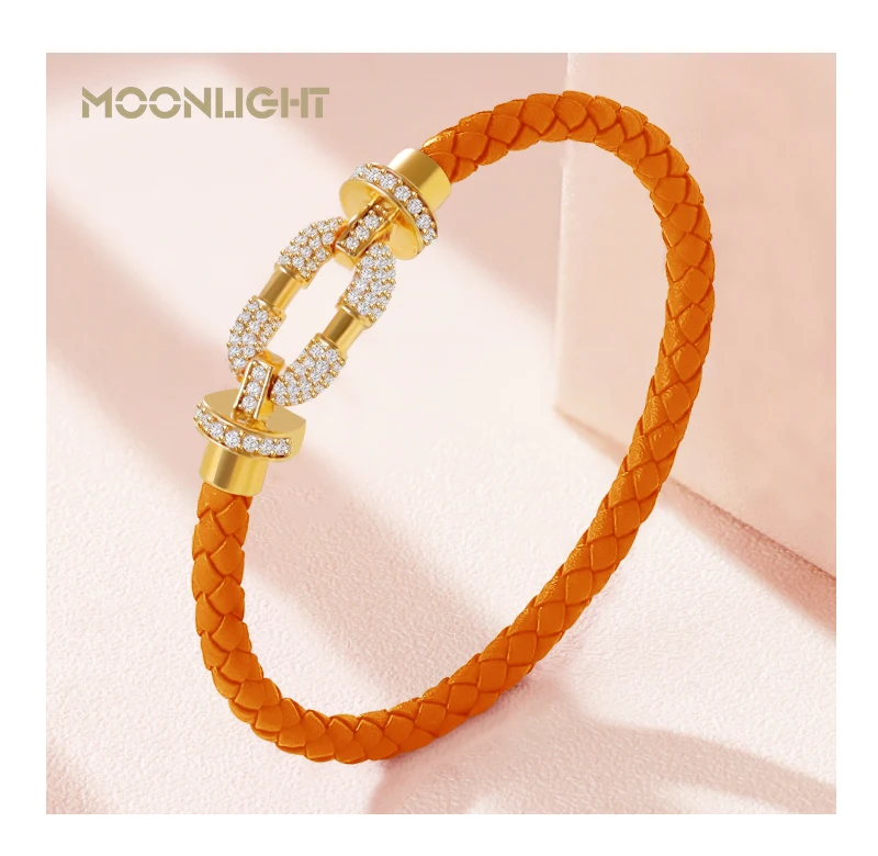 MOONLIGHT Women's Trendy Round Metal Brand Genuine Braided Leather Bracelet Cubic Zirconia Bracelet Female Jewelry Accessories