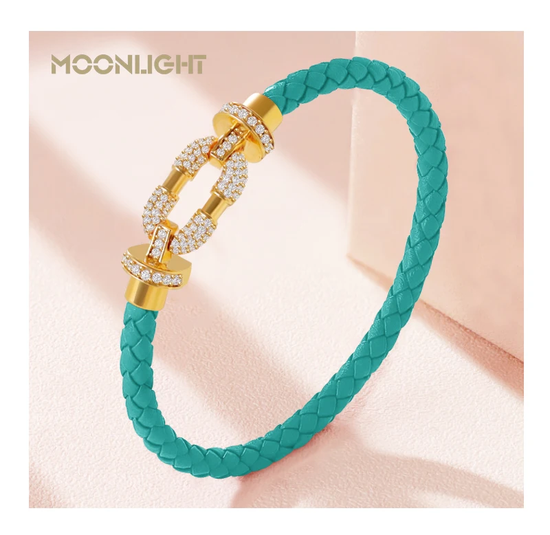 MOONLIGHT Women's Trendy Round Metal Brand Genuine Braided Leather Bracelet Cubic Zirconia Bracelet Female Jewelry Accessories