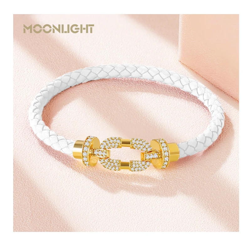 MOONLIGHT Women's Trendy Round Metal Brand Genuine Braided Leather Bracelet Cubic Zirconia Bracelet Female Jewelry Accessories