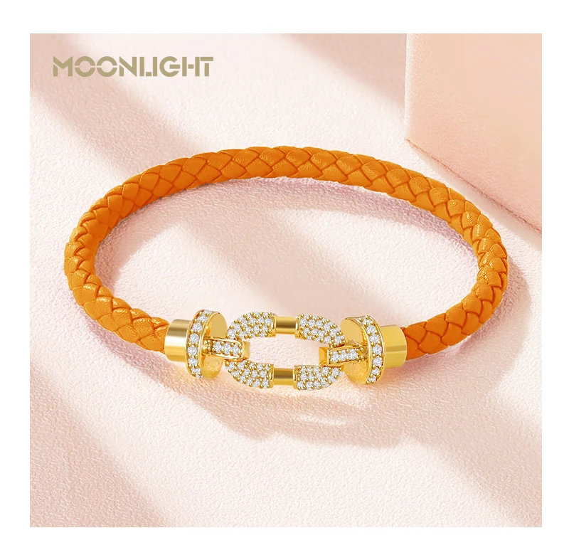 MOONLIGHT Women's Trendy Round Metal Brand Genuine Braided Leather Bracelet Cubic Zirconia Bracelet Female Jewelry Accessories