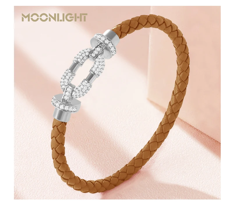 MOONLIGHT Women's Trendy Round Metal Brand Genuine Braided Leather Bracelet Cubic Zirconia Bracelet Female Jewelry Accessories