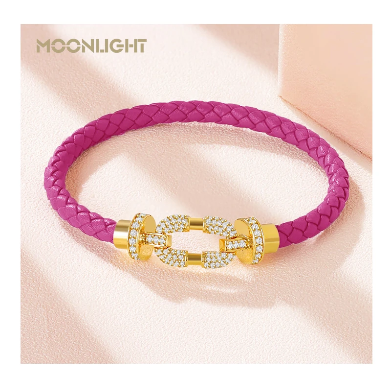 MOONLIGHT Women's Trendy Round Metal Brand Genuine Braided Leather Bracelet Cubic Zirconia Bracelet Female Jewelry Accessories