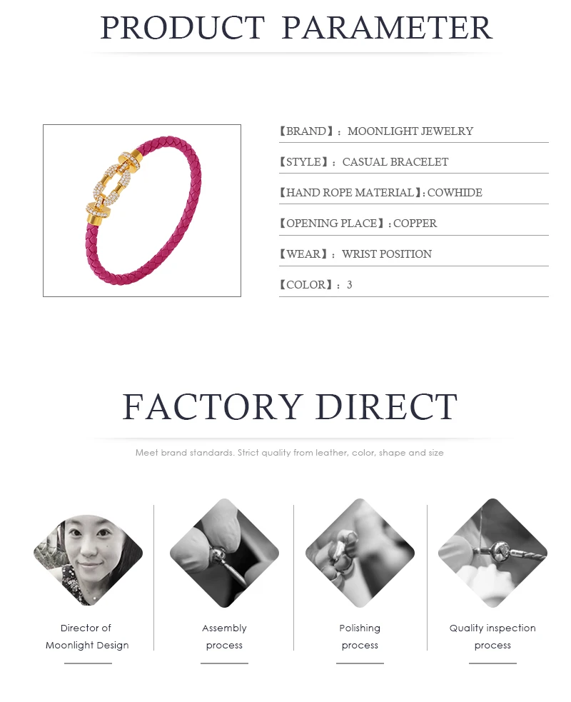 MOONLIGHT Women's Trendy Round Metal Brand Genuine Braided Leather Bracelet Cubic Zirconia Bracelet Female Jewelry Accessories