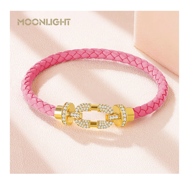 MOONLIGHT Women's Trendy Round Metal Brand Genuine Braided Leather Bracelet Cubic Zirconia Bracelet Female Jewelry Accessories