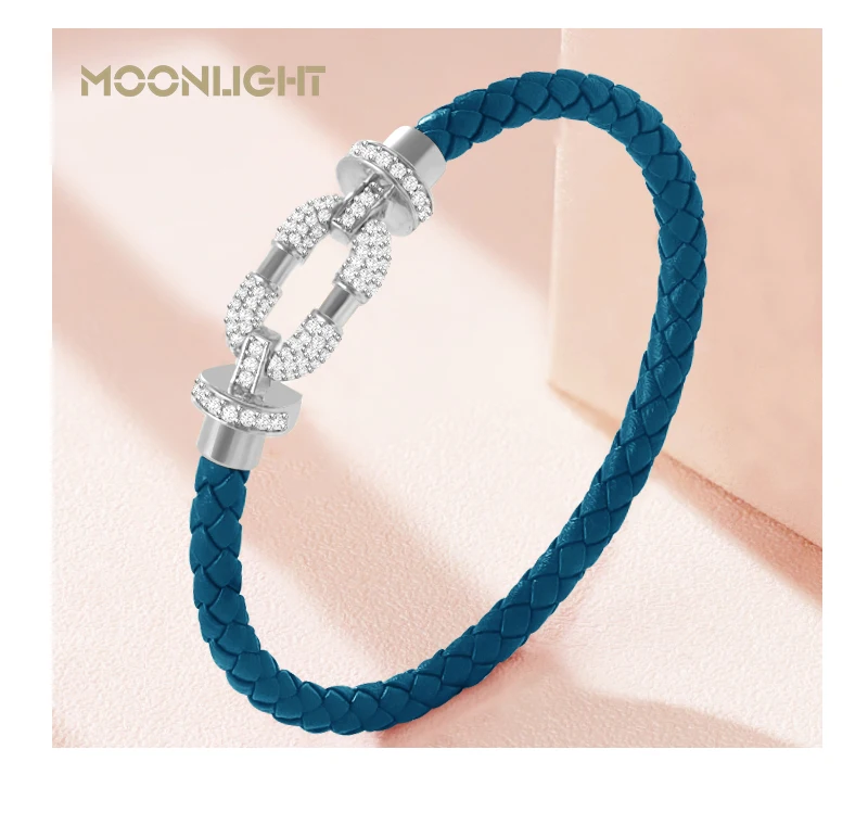 MOONLIGHT Women's Trendy Round Metal Brand Genuine Braided Leather Bracelet Cubic Zirconia Bracelet Female Jewelry Accessories