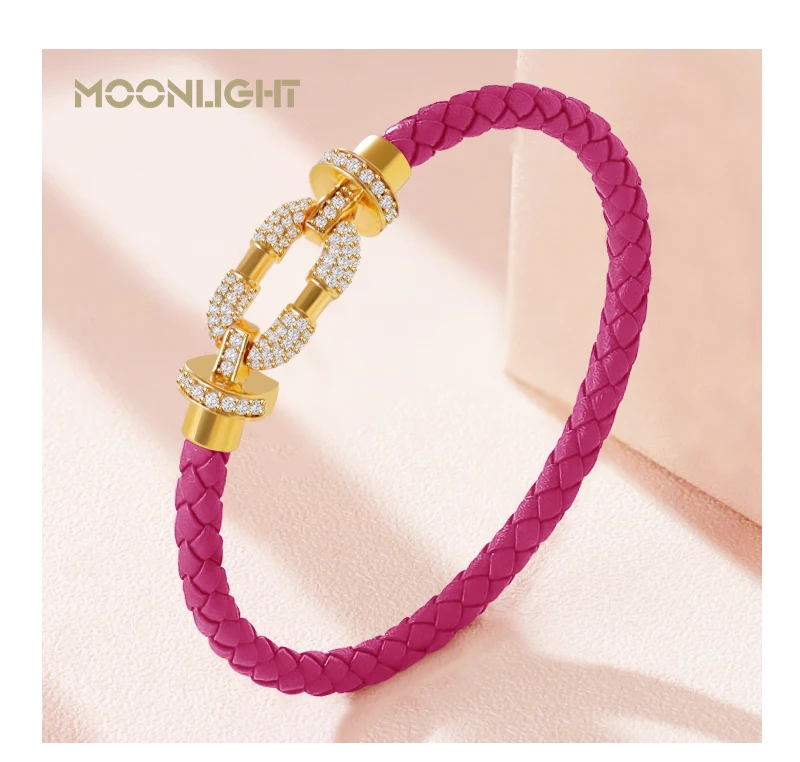 MOONLIGHT Women's Trendy Round Metal Brand Genuine Braided Leather Bracelet Cubic Zirconia Bracelet Female Jewelry Accessories