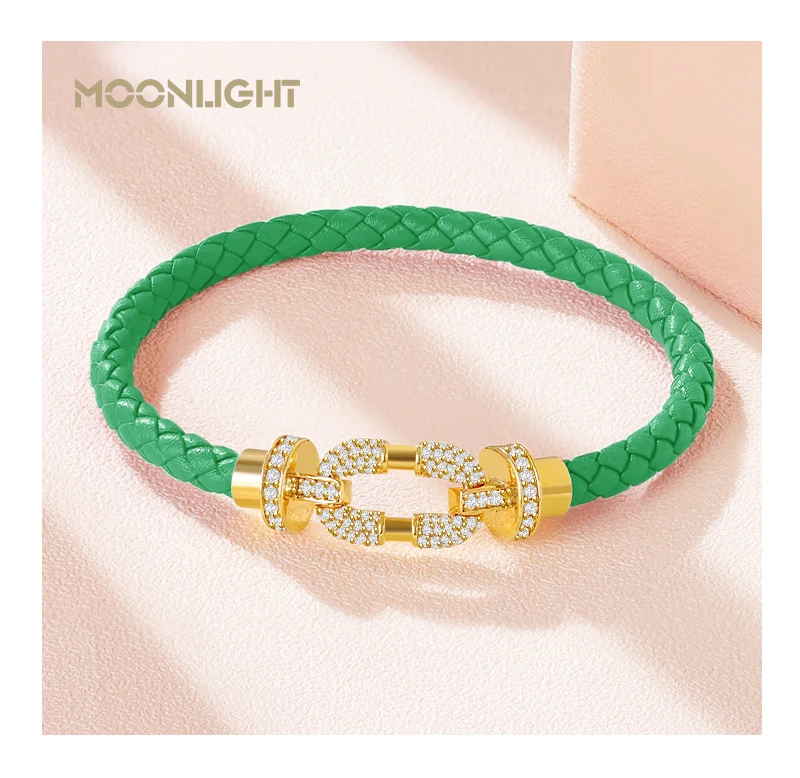 MOONLIGHT Women's Trendy Round Metal Brand Genuine Braided Leather Bracelet Cubic Zirconia Bracelet Female Jewelry Accessories