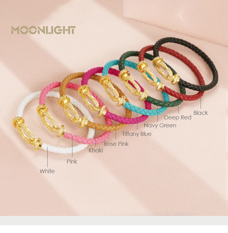 MOONLIGHT Women's Trendy Round Metal Brand Genuine Braided Leather Bracelet Cubic Zirconia Bracelet Female Jewelry Accessories