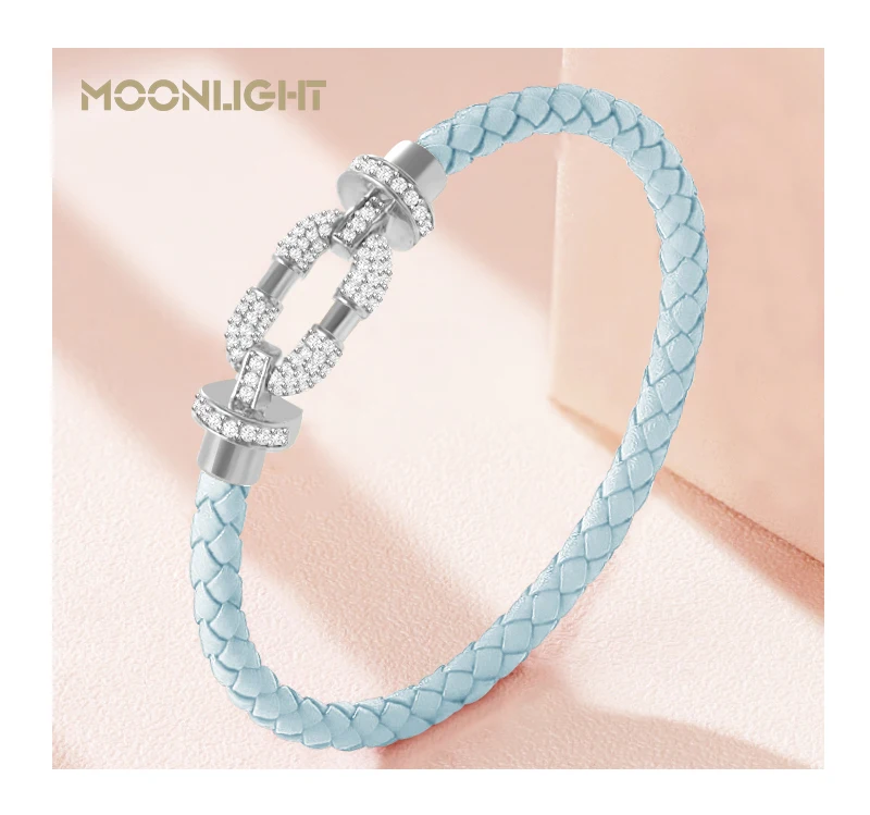 MOONLIGHT Women's Trendy Round Metal Brand Genuine Braided Leather Bracelet Cubic Zirconia Bracelet Female Jewelry Accessories