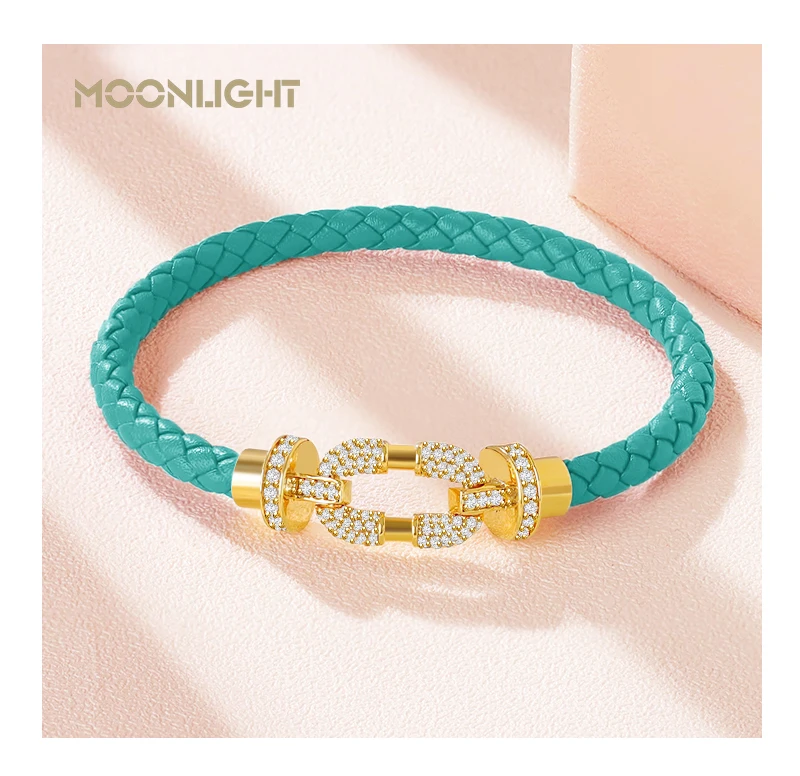 MOONLIGHT Women's Trendy Round Metal Brand Genuine Braided Leather Bracelet Cubic Zirconia Bracelet Female Jewelry Accessories