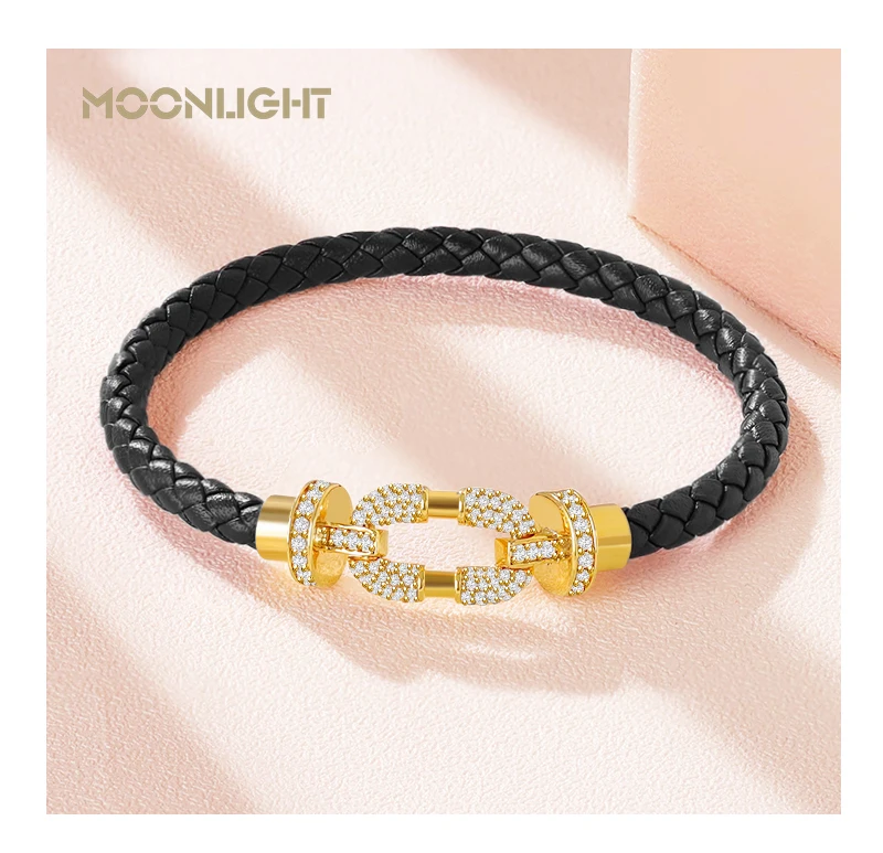 MOONLIGHT Women's Trendy Round Metal Brand Genuine Braided Leather Bracelet Cubic Zirconia Bracelet Female Jewelry Accessories