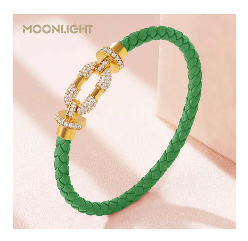 MOONLIGHT Women's Trendy Round Metal Brand Genuine Braided Leather Bracelet Cubic Zirconia Bracelet Female Jewelry Accessories