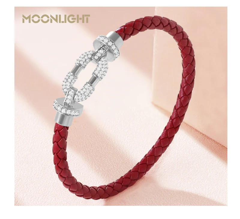 MOONLIGHT Women's Trendy Round Metal Brand Genuine Braided Leather Bracelet Cubic Zirconia Bracelet Female Jewelry Accessories