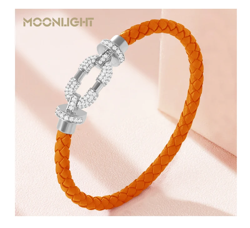 MOONLIGHT Women's Trendy Round Metal Brand Genuine Braided Leather Bracelet Cubic Zirconia Bracelet Female Jewelry Accessories