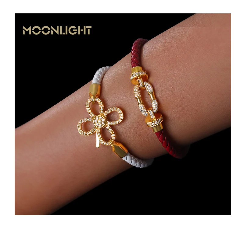 MOONLIGHT Women's Trendy Round Metal Brand Genuine Braided Leather Bracelet Cubic Zirconia Bracelet Female Jewelry Accessories