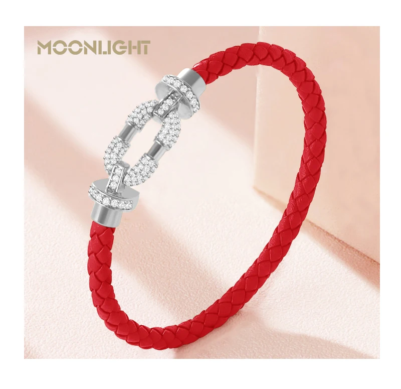 MOONLIGHT Women's Trendy Round Metal Brand Genuine Braided Leather Bracelet Cubic Zirconia Bracelet Female Jewelry Accessories