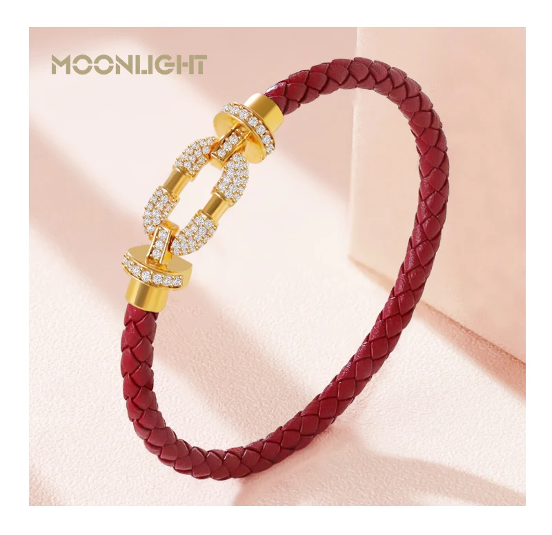 MOONLIGHT Women's Trendy Round Metal Brand Genuine Braided Leather Bracelet Cubic Zirconia Bracelet Female Jewelry Accessories