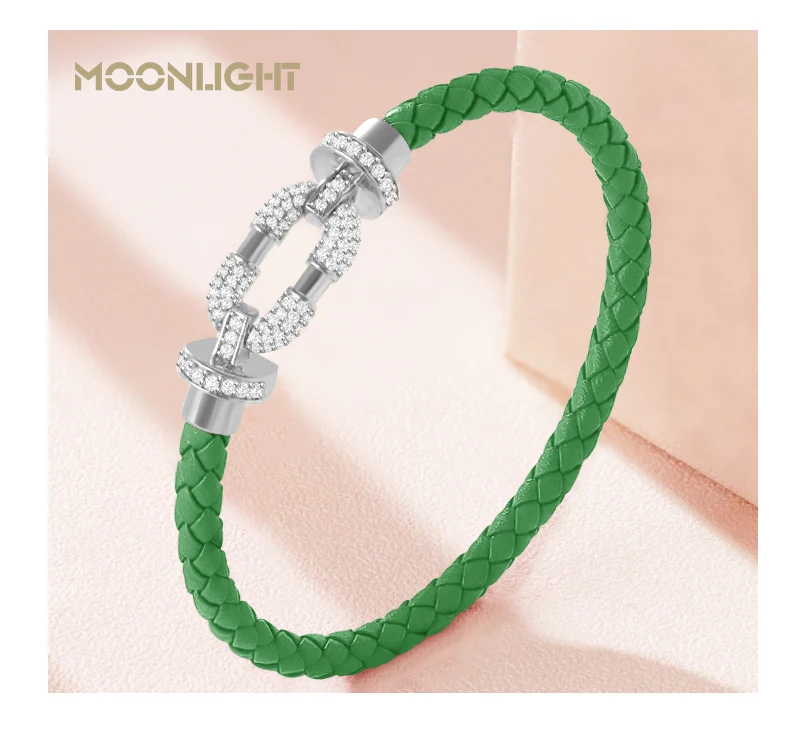 MOONLIGHT Women's Trendy Round Metal Brand Genuine Braided Leather Bracelet Cubic Zirconia Bracelet Female Jewelry Accessories