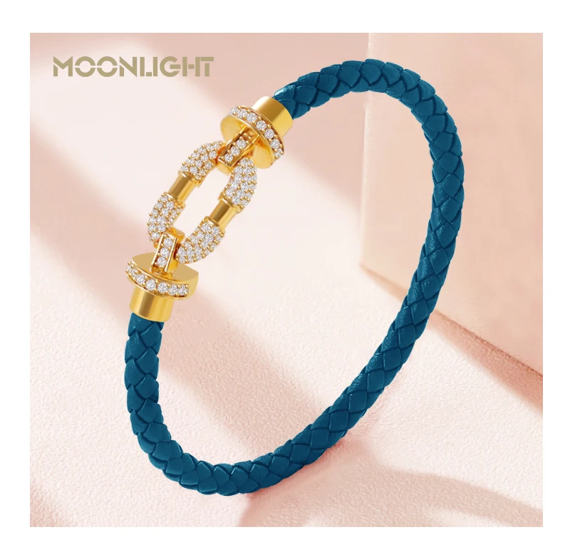 MOONLIGHT Women's Trendy Round Metal Brand Genuine Braided Leather Bracelet Cubic Zirconia Bracelet Female Jewelry Accessories