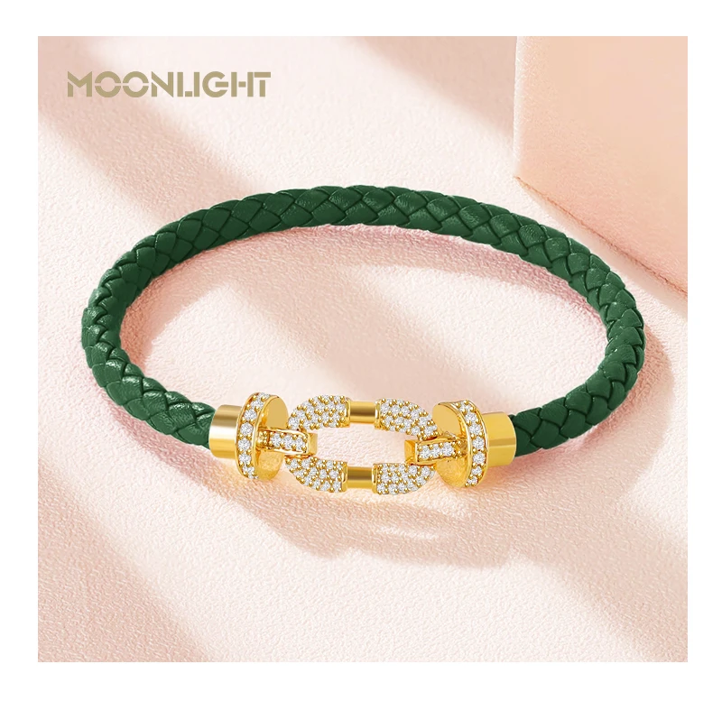 MOONLIGHT Women's Trendy Round Metal Brand Genuine Braided Leather Bracelet Cubic Zirconia Bracelet Female Jewelry Accessories