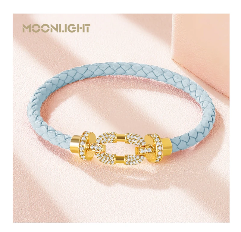 MOONLIGHT Women's Trendy Round Metal Brand Genuine Braided Leather Bracelet Cubic Zirconia Bracelet Female Jewelry Accessories
