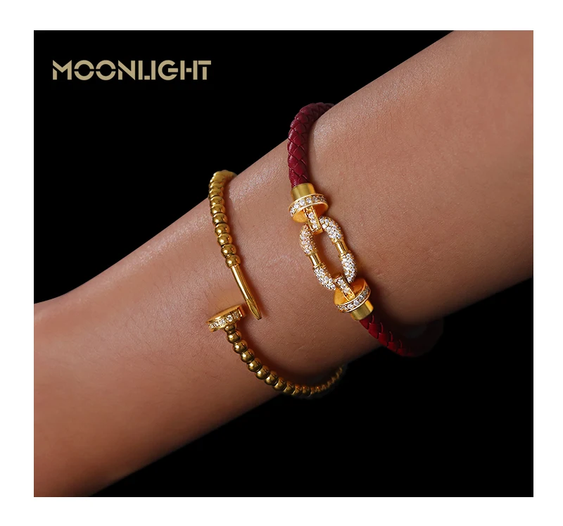 MOONLIGHT Women's Trendy Round Metal Brand Genuine Braided Leather Bracelet Cubic Zirconia Bracelet Female Jewelry Accessories
