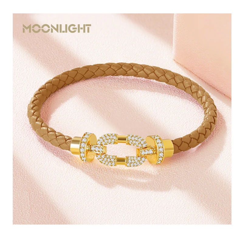 MOONLIGHT Women's Trendy Round Metal Brand Genuine Braided Leather Bracelet Cubic Zirconia Bracelet Female Jewelry Accessories