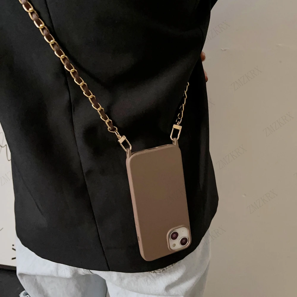 Crossbody Lanyard Leather Chain Cord Liquid Silicone Case For iPhone 16 15 13 12 Mini 11 14 Pro Max XS XR X 8 7 Plus Soft Cover