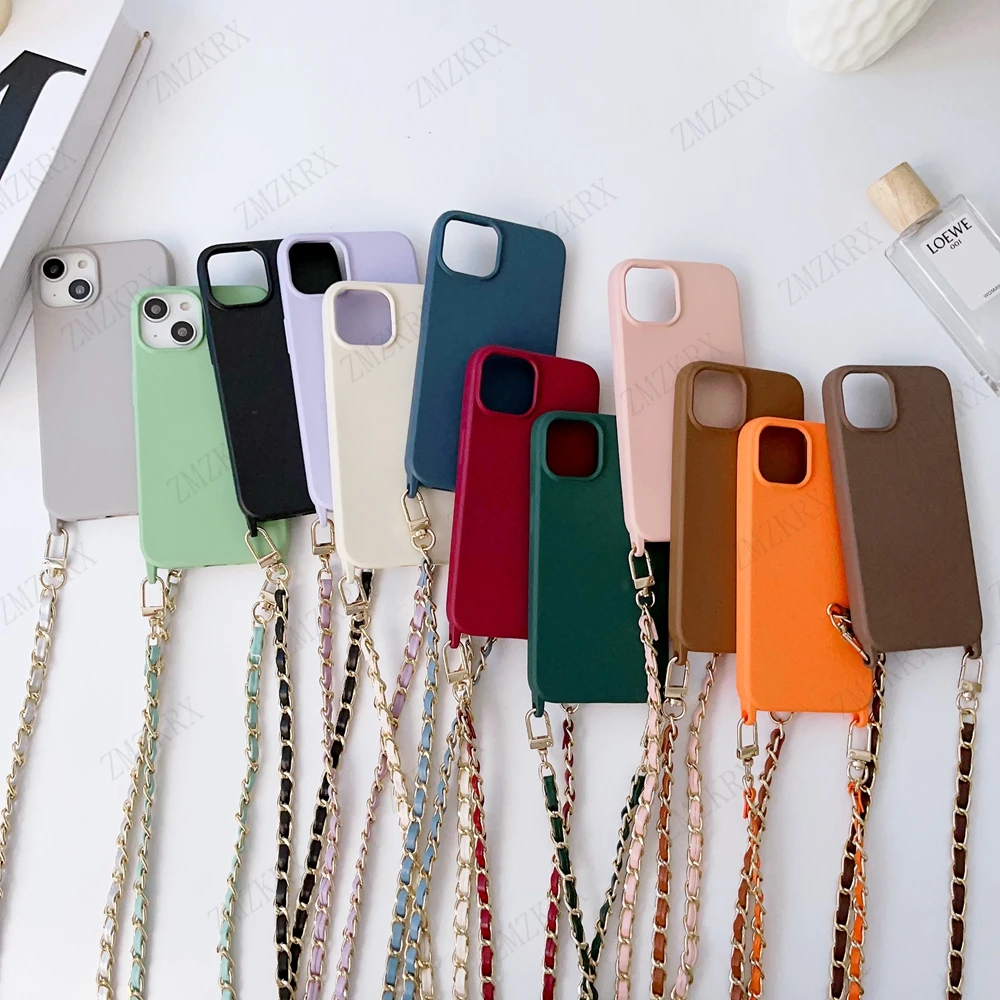 Crossbody Lanyard Leather Chain Cord Liquid Silicone Case For iPhone 16 15 13 12 Mini 11 14 Pro Max XS XR X 8 7 Plus Soft Cover