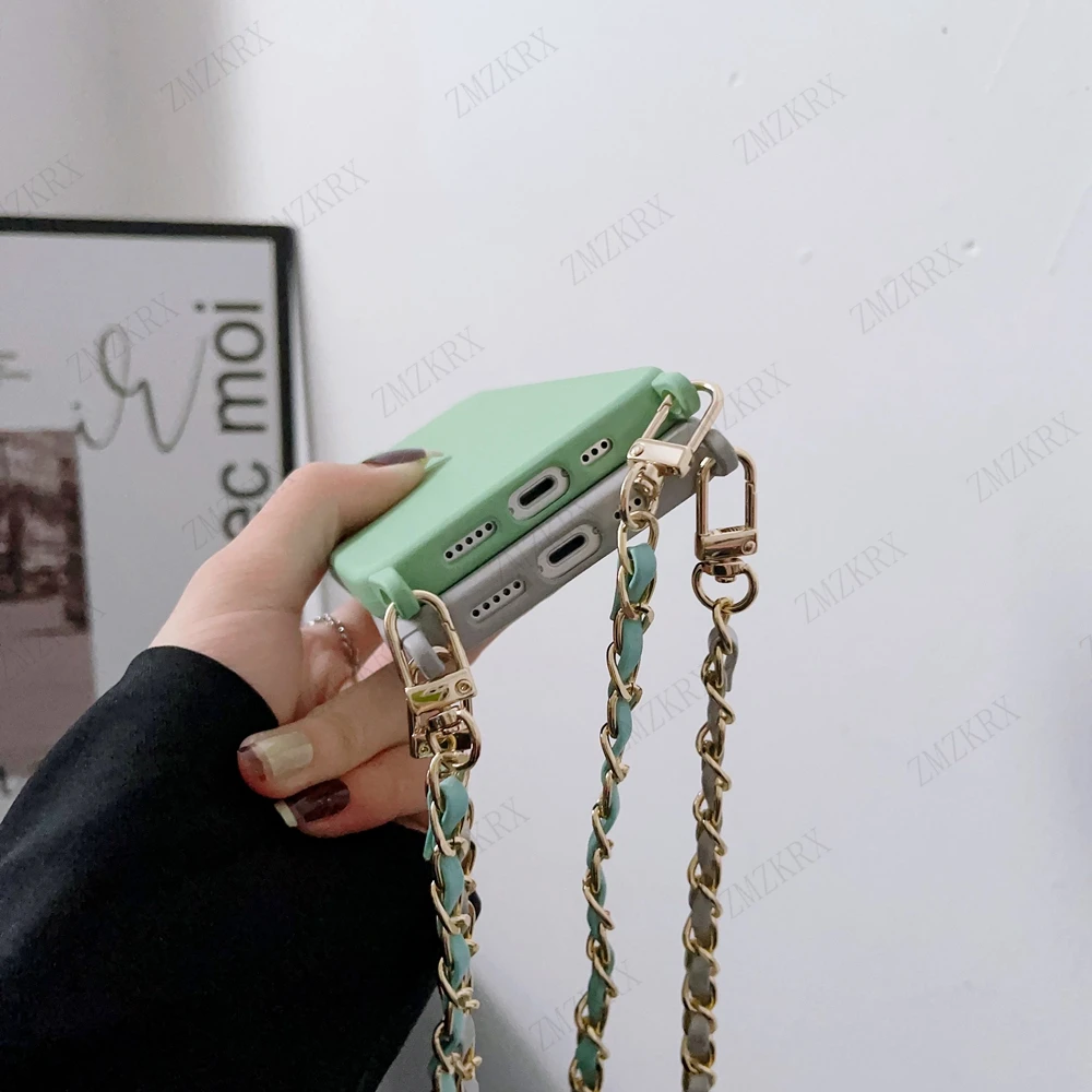 Crossbody Lanyard Leather Chain Cord Liquid Silicone Case For iPhone 16 15 13 12 Mini 11 14 Pro Max XS XR X 8 7 Plus Soft Cover