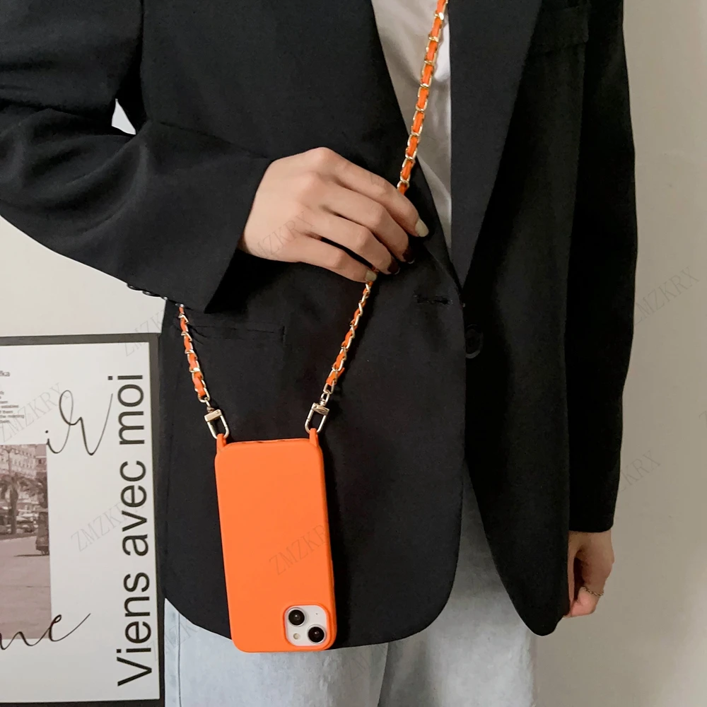 Crossbody Lanyard Leather Chain Cord Liquid Silicone Case For iPhone 16 15 13 12 Mini 11 14 Pro Max XS XR X 8 7 Plus Soft Cover