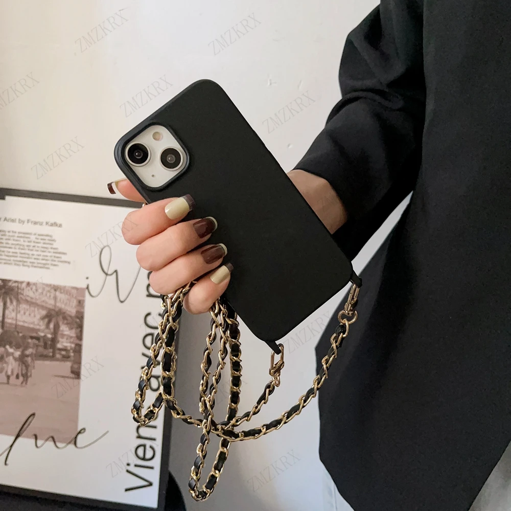 Crossbody Lanyard Leather Chain Cord Liquid Silicone Case For iPhone 16 15 13 12 Mini 11 14 Pro Max XS XR X 8 7 Plus Soft Cover
