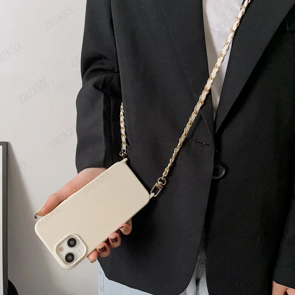 Crossbody Lanyard Leather Chain Cord Liquid Silicone Case For iPhone 16 15 13 12 Mini 11 14 Pro Max XS XR X 8 7 Plus Soft Cover
