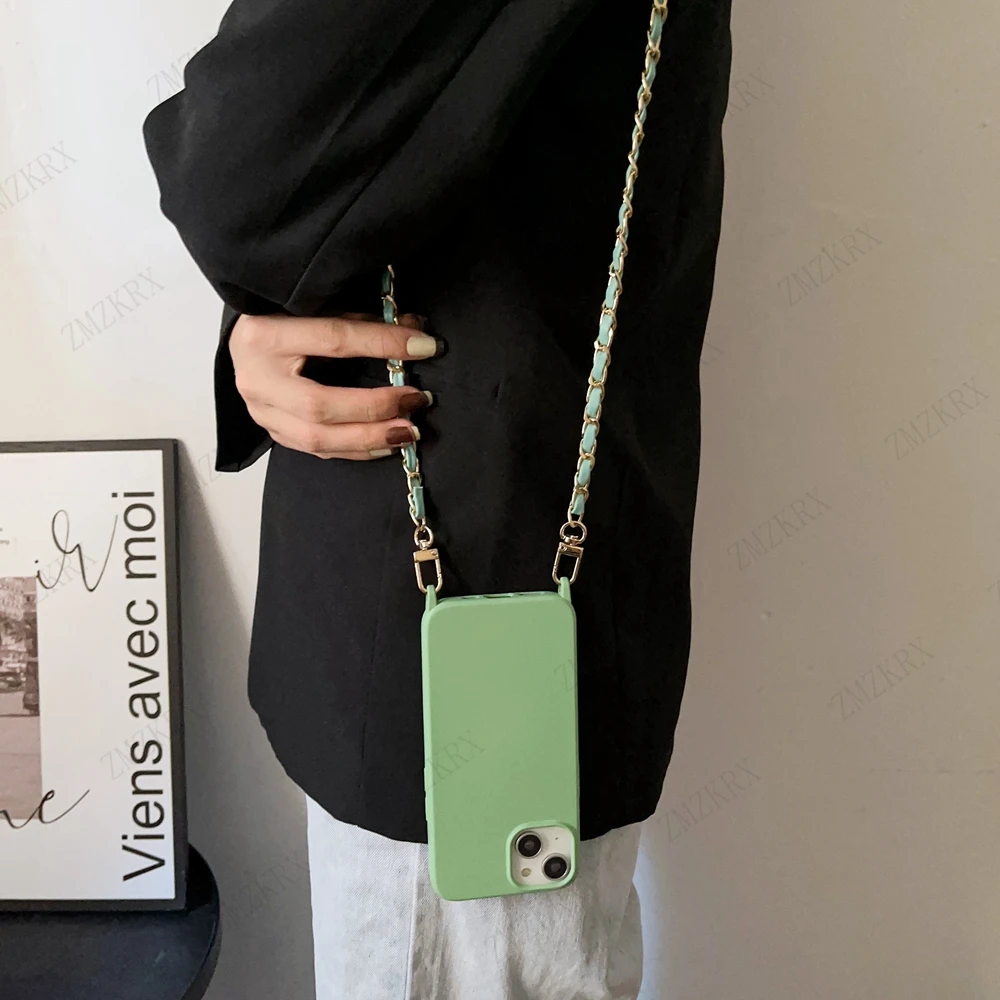 Crossbody Lanyard Leather Chain Cord Liquid Silicone Case For iPhone 16 15 13 12 Mini 11 14 Pro Max XS XR X 8 7 Plus Soft Cover