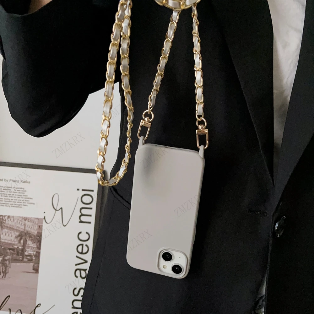 Crossbody Lanyard Leather Chain Cord Liquid Silicone Case For iPhone 16 15 13 12 Mini 11 14 Pro Max XS XR X 8 7 Plus Soft Cover