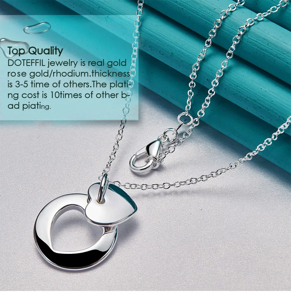 DOTEFFIL 925 Sterling Silver Heart Round Pendant Necklace 18-30 Inch Chain For Woman Man Wedding Engagement Party Charm Jewelry