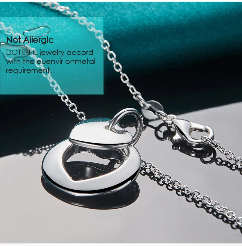 DOTEFFIL 925 Sterling Silver Heart Round Pendant Necklace 18-30 Inch Chain For Woman Man Wedding Engagement Party Charm Jewelry
