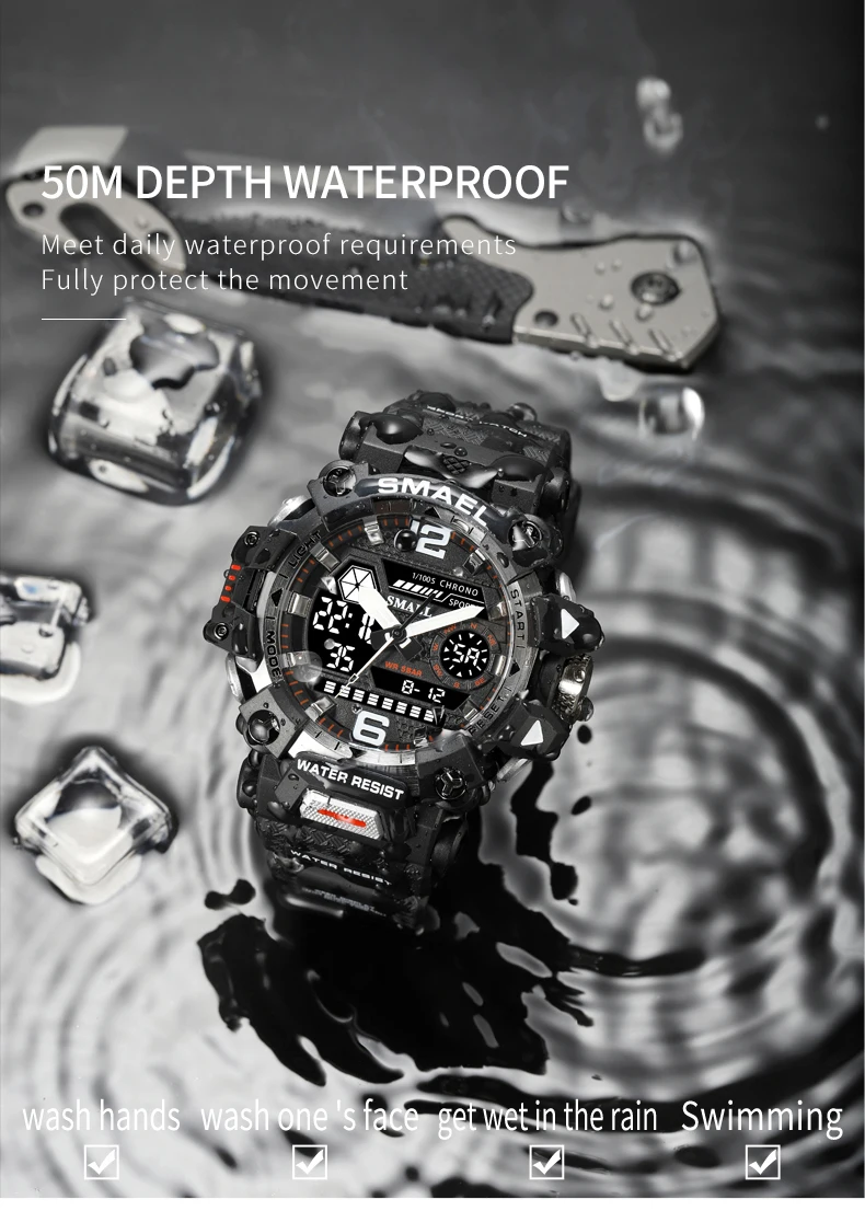 SMAEL Men Watches 50m Waterproof Sports Watch Military Man Sports Watch Digital 8072 Dual Display Watch Quartz Led Digital