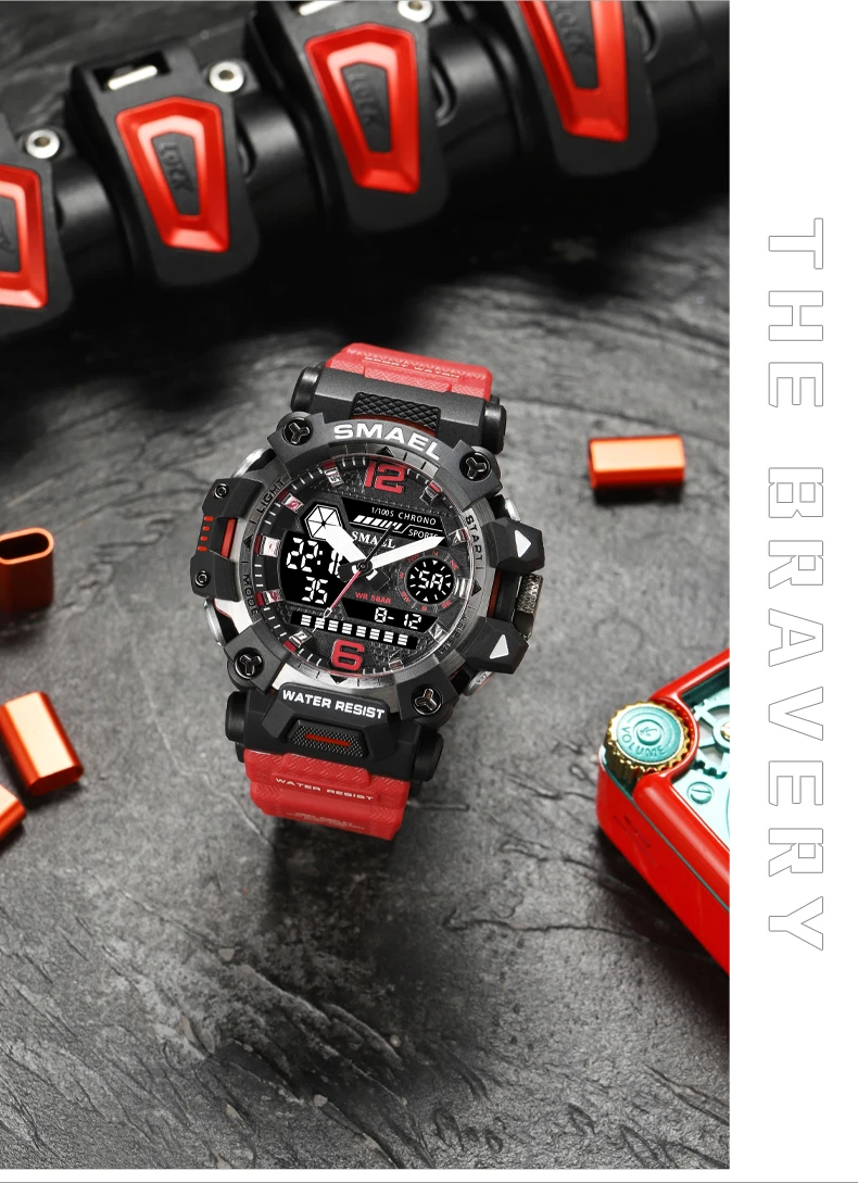 SMAEL Men Watches 50m Waterproof Sports Watch Military Man Sports Watch Digital 8072 Dual Display Watch Quartz Led Digital