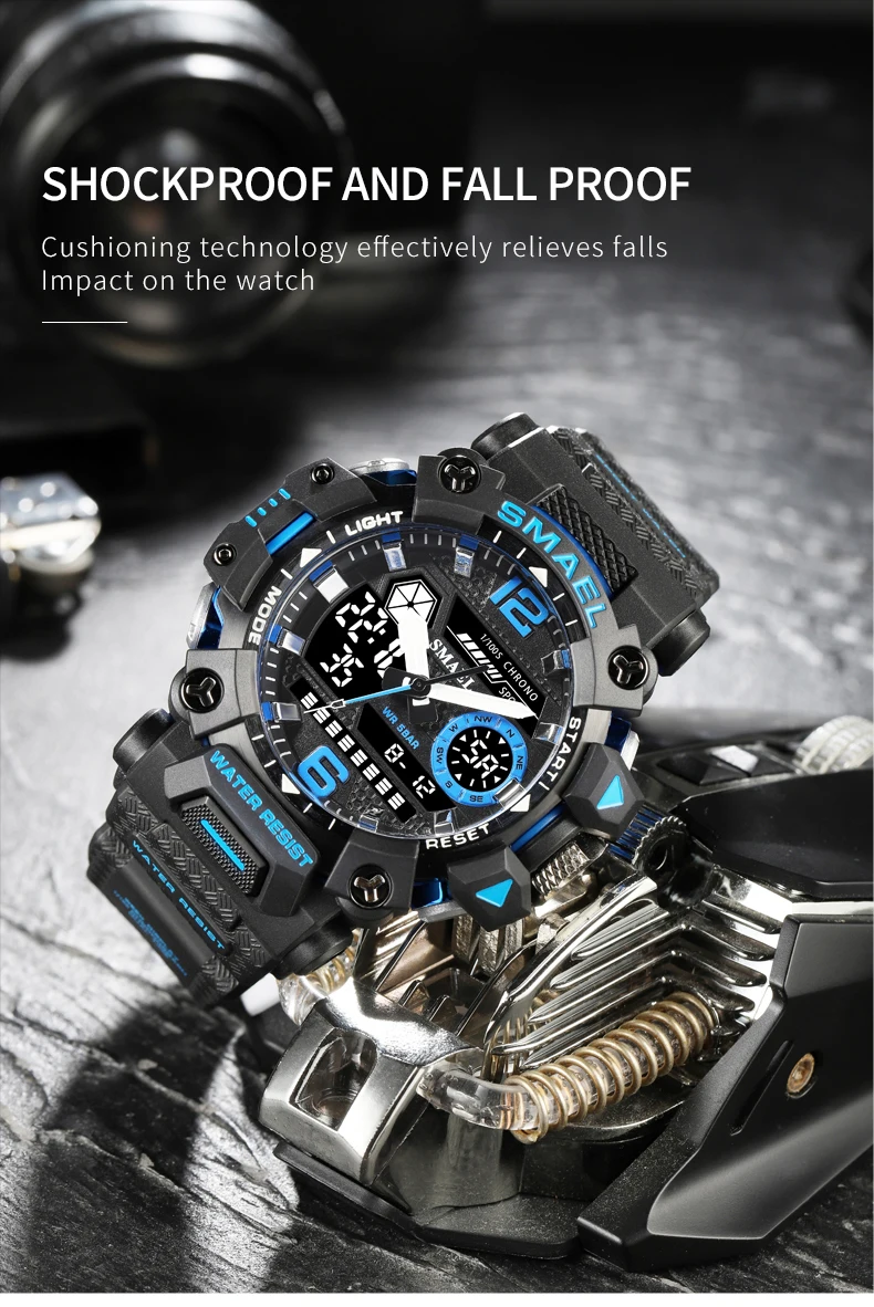 SMAEL Men Watches 50m Waterproof Sports Watch Military Man Sports Watch Digital 8072 Dual Display Watch Quartz Led Digital